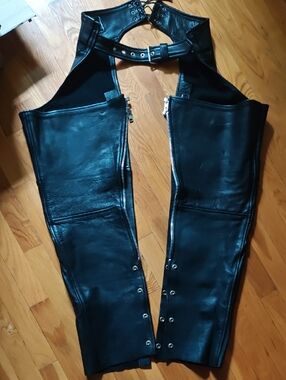 Black Leather Motorcycle Chaps with Pocket Women's Small